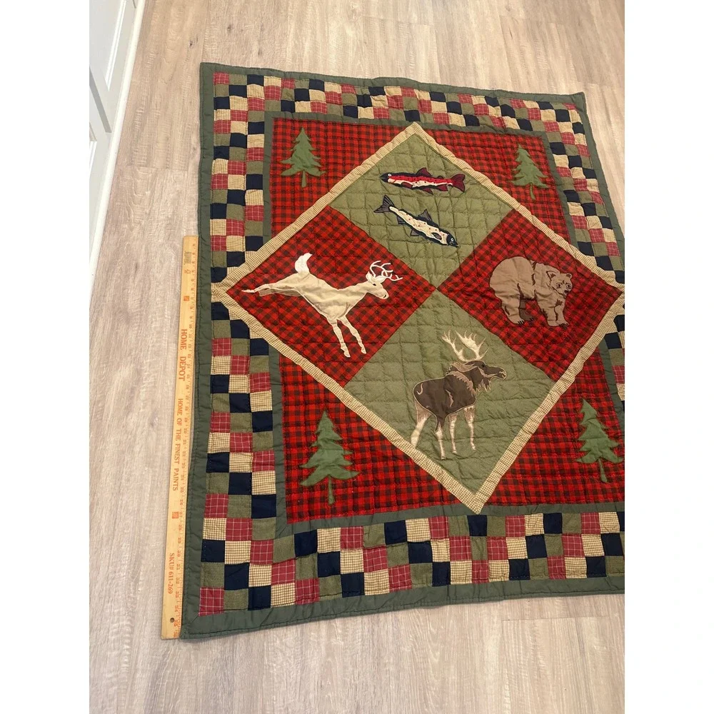 VTG Woodland Lodge Patchwork Quilt nature wildlife Plaid Kids Blanket 59x49